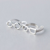 小张的故事个性设计S925纯银圆形方框男女款眼镜戒指环食指情侣戒
