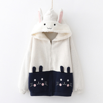 日系森女冬装甜美兔子刺绣加绒棉衣棉服学生少女软妹加厚保暖外套