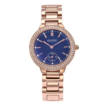 士手表气质简约二针半表潮流蓝色玻璃玫金钢带手表GUOU水钻女