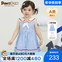 PawinPaw卡通小熊童装2022年夏季新款女宝宝裙子海军风印花连衣裙