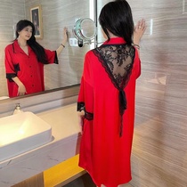 睡衣女夏季2023年新款冰丝睡裙红色丝绸高级感性感蕾丝衬衫睡衣裙