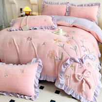韩版公主风牛奶绒四件套冬季婴儿法兰珊瑚绒被套绣花花边床上用品