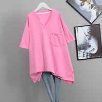 欧货大版短袖粉色t恤女2021夏新款纯色宽松V领中长款遮臀半袖上衣