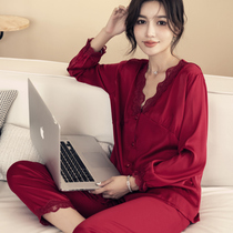 睡衣女春秋季长袖冰丝开衫蕾丝性感红色本命年套装家居服2021新款