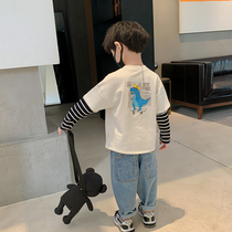 2022春秋新款童装韩版儿童假两件男童卡通t恤长袖宝宝打底衫洋气