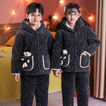 儿童睡衣冬季三层夹棉加厚法兰绒保暖套装男女中大童珊瑚绒家居服