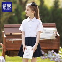 罗蒙女童纯棉半袖白色衬衫夏小学生表演出校服儿童短袖衬衣学院风