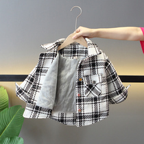 男童加绒外套2023新款儿童洋气格子棉袄宝宝冬装加厚翻领炸街衬衫