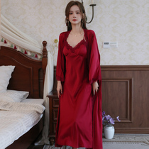 冰丝性感红色吊带睡衣女带胸垫睡袍睡裙高级新娘结婚新婚晨袍套装
