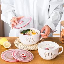 卡通陶瓷泡面碗带盖家用保鲜碗饭盒碗单个学生可爱餐具微波炉瓷碗
