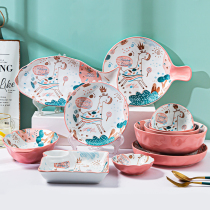碗碟套装家用日式陶瓷碗盘餐具创意网红碗筷双耳带盖汤碗餐盘组合