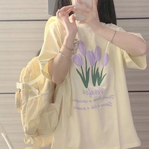 奶黄色短袖t恤女夏季新款日系oversize宽松学生百搭半袖上衣ins潮