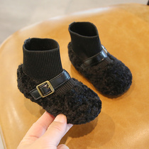 2024冬季新款宝宝短靴女童加绒棉靴袜子鞋羊羔毛婴儿软底学步鞋子