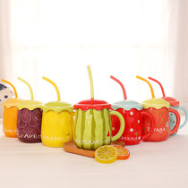 水果个性大肚陶瓷马克杯创意可爱情侣咖啡陶瓷水果杯子 带吸管勺
