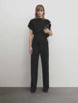 Massimo Dutti meay2024女装法式气质通勤风黑色收腰圆领短袖衬衫