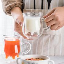 儿童鲜奶水杯奶牛杯双层透明防烫早餐牛奶杯把手创意玻璃饮料杯子