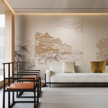 新中式古风楼阁墙纸酒店3d立体感浮雕背景墙壁纸饭店茶吧装修墙布