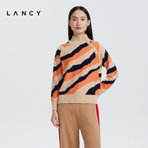 LANCY/朗姿羊绒衫2022冬季新款图形小立领羊毛衫女士通勤高级毛衣