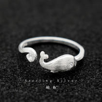 s925纯银拉丝鲸鱼指环韩版CHIC简约个性女款海豚戒指时尚学生饰品