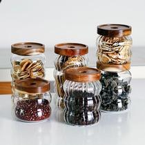 高颜值茶叶罐小号精致条纹玻璃密封罐相思木盖储物罐透明储藏收纳