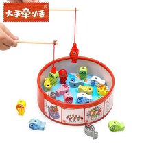 大手牵小手木制三合一钓鱼游戏平衡积木儿童桶装串珠益智玩具