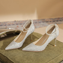 银色高跟鞋女细跟2023年春季新款尖头水晶婚鞋珍珠绑带单鞋