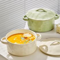 奶油风双耳汤碗家用2023新款陶瓷大汤盆带盖8寸特大号泡面碗大碗