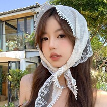 法式蕾丝三角巾甜美少女氛围感头巾包头夏季度假拍照装饰丝巾百搭