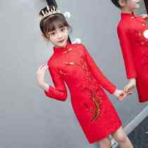 儿童旗袍裙冬季2022新款女孩中国风过年红色女童唐装拜年服秋冬女