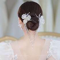 韩式新娘头饰森系花朵边夹超仙简约头花水晶串珠流苏结婚纱发饰品