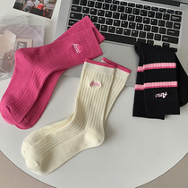 粉色袜子女中筒堆堆袜条纹玫红色夏季女生刺绣网红长袜纯棉字母