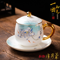 匠仙荷花女士高颜值水杯陶瓷杯子家用带盖茶杯个人水杯咖啡杯定制