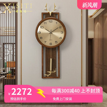 新中式实木挂钟家用客厅金属静音钟表创意鹿头装饰时钟个性石英钟