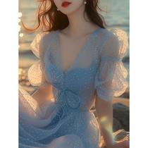 蓝色波点连衣裙春装女2024年新款沙滩裙女海边度假超仙长裙子飘逸