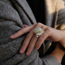 光华纯银首饰小众设计网红抖音女款食指时尚复古风个性小花玉戒指
