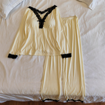 莫代尔睡衣女春秋款冬季纯棉长袖带胸垫V领蕾丝边 性感家居服套装