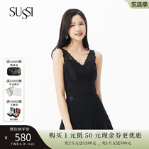 SUSSI/古色23夏商场同款黑色百搭蕾丝V领无袖带胸垫打底背心上衣
