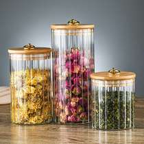 条纹玻璃密封罐新中式茶叶罐木盖零食罐收纳玻璃罐糖果罐