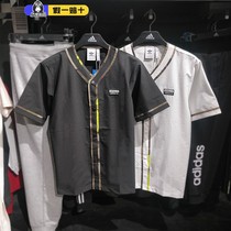 Adidas阿迪达斯短袖男2023新款夏三叶草运动服V领条纹衬衫GK5911