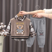 宝宝春装男0-1-2-3岁4男童洋气格子衬衫婴幼儿毛衣三件套春季衣服