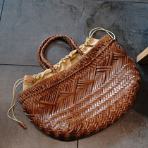 MissDeer定制头层软牛皮法式优雅复古手工编织篮子包手拎手挽女包