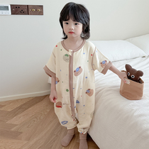 新款儿童纱布睡袋短袖婴儿薄款防踢被夏季空调房宝宝连体睡衣透气