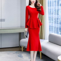 本命年红色套装女秋冬休闲运动高级感荷叶边鱼尾裙两件套洋气时髦