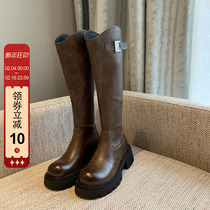【TFM】高筒靴女2023冬季新款街头潮搭皮带扣厚底加绒长靴骑士靴