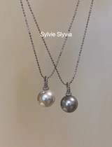 双闪圆珠S925纯银清冷施家银灰色单颗吊坠珍珠项链高级感轻奢颈链