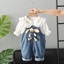 儿童女宝宝背带裤套装0一1岁纯棉衬衫2婴幼儿衣服3小孩二件套春季