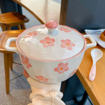 釉下彩双耳陶瓷汤碗带盖大号耐高温家用大容量泡面碗创意花朵汤盆
