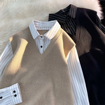 假两件拼接衬衫男款春季潮牌vibe高级感长袖打底衫竖条纹情侣外套
