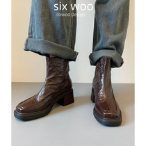 SIXWOO 高跟女羊短靴女防水台粗跟方头不累脚切尔西靴子新款百搭