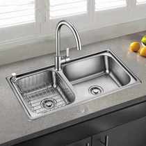 水槽加厚左小右大厨房304不锈钢双槽洗菜盆一体拉伸洗碗池7742cm.